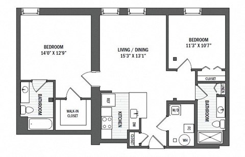 Floor plan for 2 beds, 2 baths, 1020 sqft
